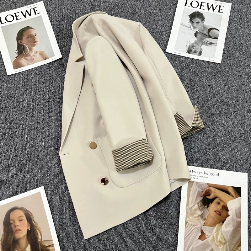 Beige metal button suit jacket for women 2025 spring and autumn new style high-end cuffs splicing street suit trend