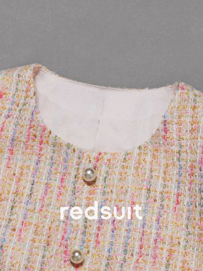 redsuit summer fashion temperament fantasy colorful woven small Chanel style jacket versatile age-reducing round neck short-sleeved top