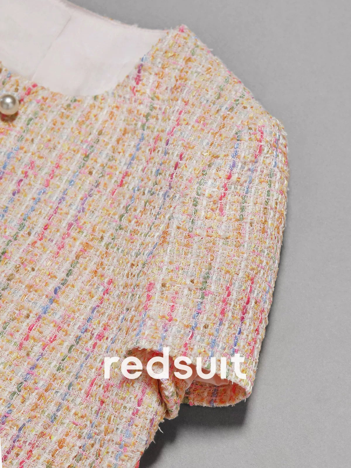 redsuit summer fashion temperament fantasy colorful woven small Chanel style jacket versatile age-reducing round neck short-sleeved top