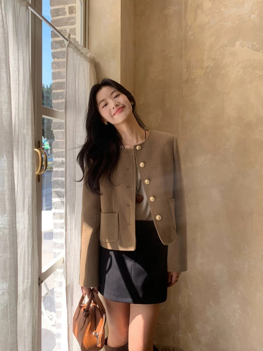 pusumede French-style round neck-style cardigan for women, autumn and winter, sophisticated and gentle short cardigan top