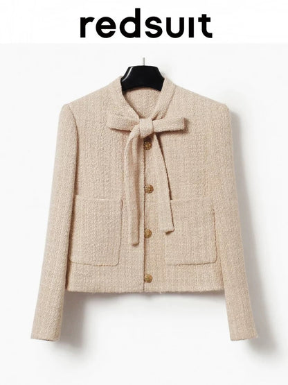 redsuit gentle temperament style cream hot cocoa khaki small fragrance style design bow jacket top