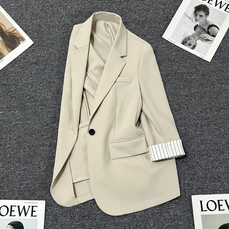 Beige striped sleeve summer suit jacket for women 2024 new design one button versatile thin small suit