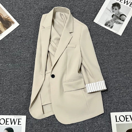 Beige striped sleeve summer suit jacket for women 2024 new design one button versatile thin small suit
