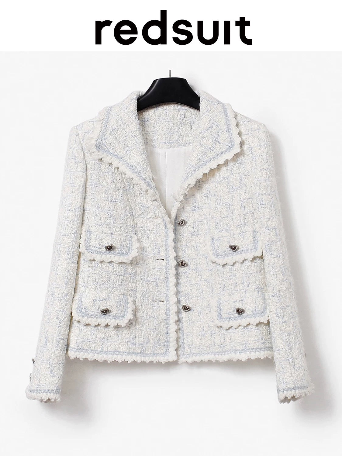 redsuit elegant and fashionable cream blue and white lapel design small Chanel style jacket exquisite four pocket top