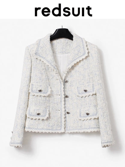 redsuit elegant and fashionable cream blue and white lapel design small Chanel style jacket exquisite four pocket top