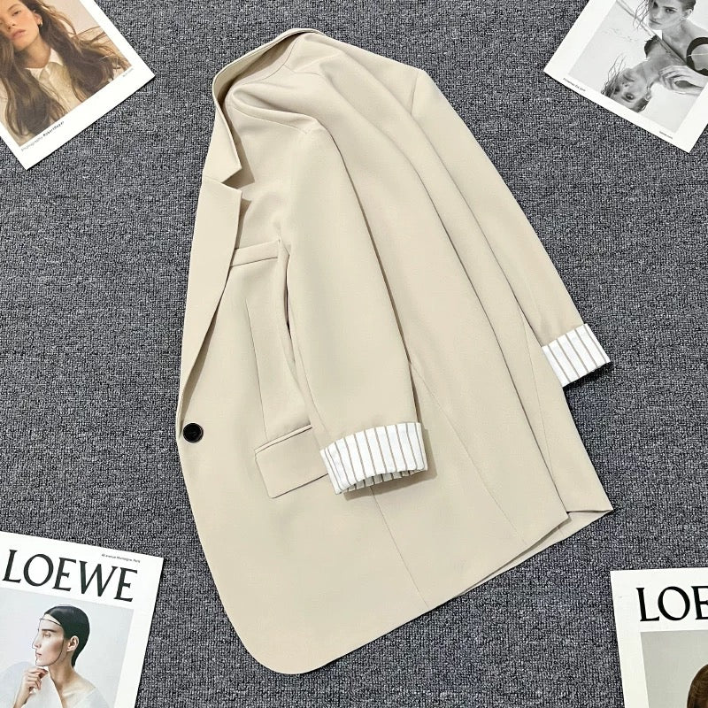 Beige striped sleeve summer suit jacket for women 2024 new design one button versatile thin small suit