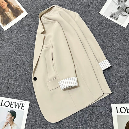Beige striped sleeve summer suit jacket for women 2024 new design one button versatile thin small suit