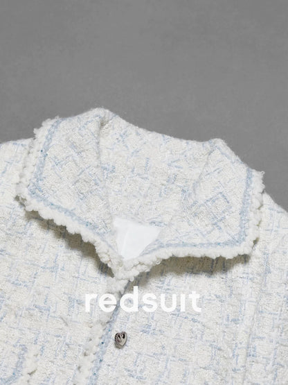 redsuit elegant and fashionable cream blue and white lapel design small Chanel style jacket exquisite four pocket top