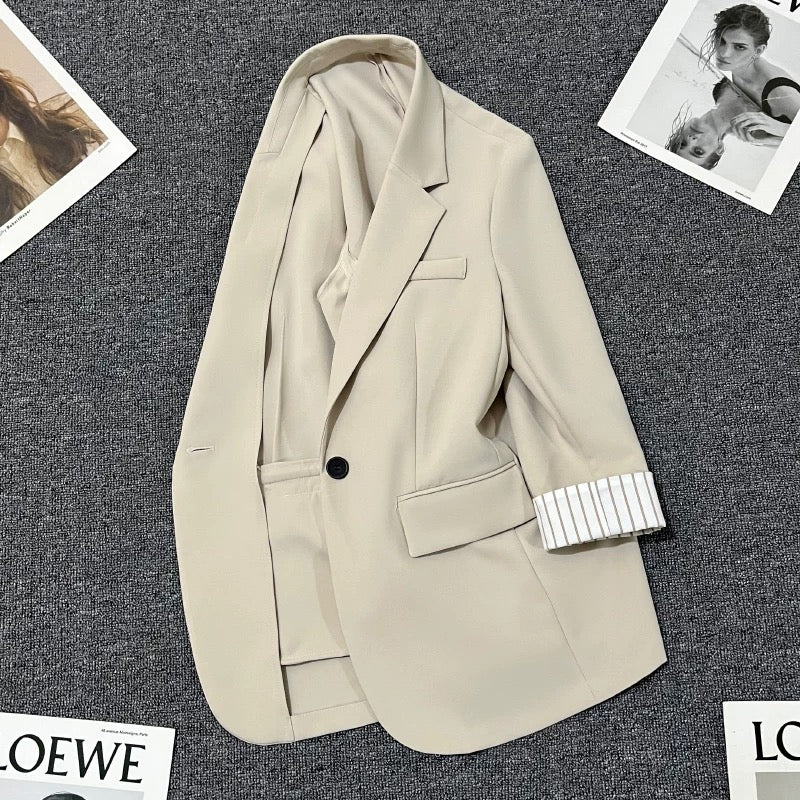 Beige striped sleeve summer suit jacket for women 2024 new design one button versatile thin small suit