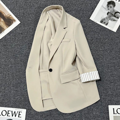 Beige striped sleeve summer suit jacket for women 2024 new design one button versatile thin small suit