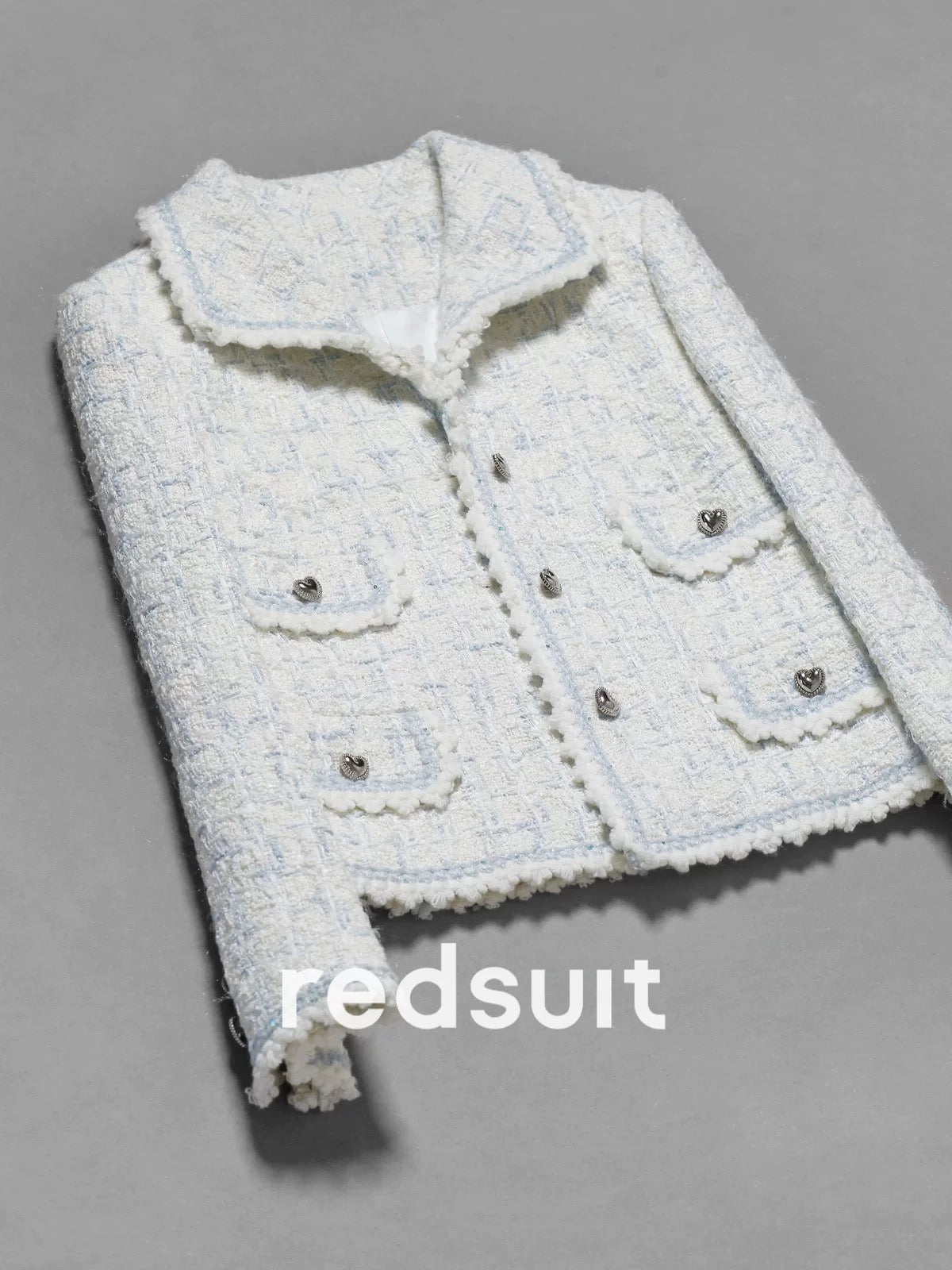 redsuit elegant and fashionable cream blue and white lapel design small Chanel style jacket exquisite four pocket top