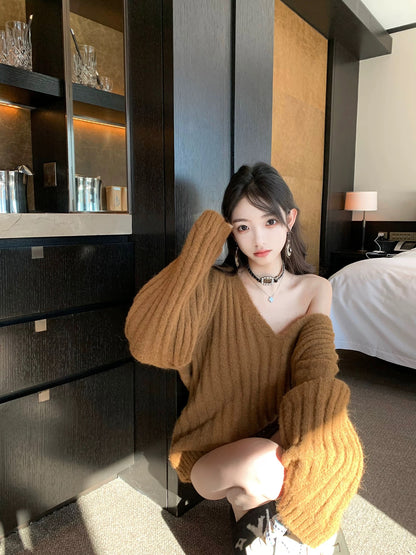 J11 Studio/Lazy, airy V-neck, loose and versatile, covering the flesh, making the body slimmer, and not picking up the figure, sweater for women