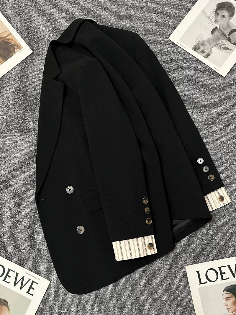 Black splicing suit jacket for women 2025 spring and autumn new style high-end commuting versatile temperament casual trendy suit