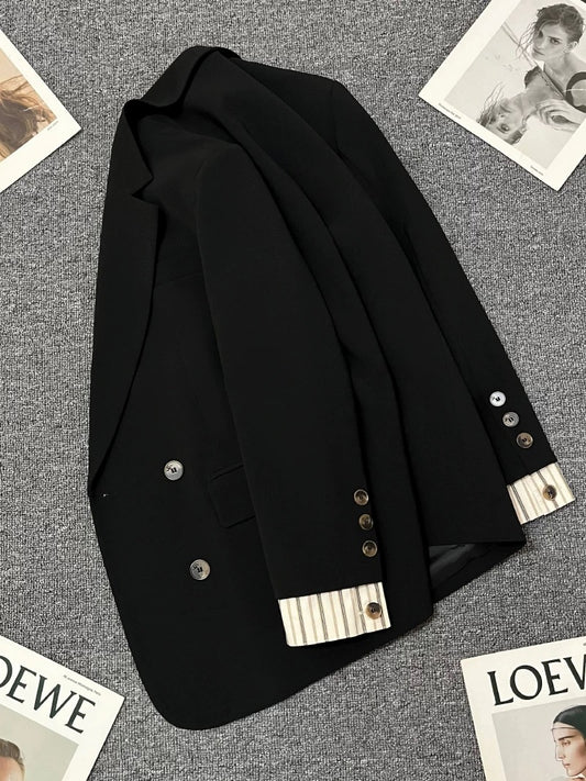 Black splicing suit jacket for women 2025 spring and autumn new style high-end commuting versatile temperament casual trendy suit