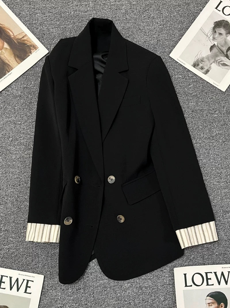 Black splicing suit jacket for women 2025 spring and autumn new style high-end commuting versatile temperament casual trendy suit