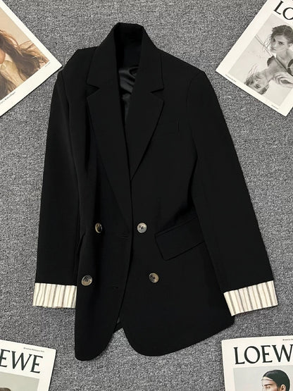 Black splicing suit jacket for women 2025 spring and autumn new style high-end commuting versatile temperament casual trendy suit