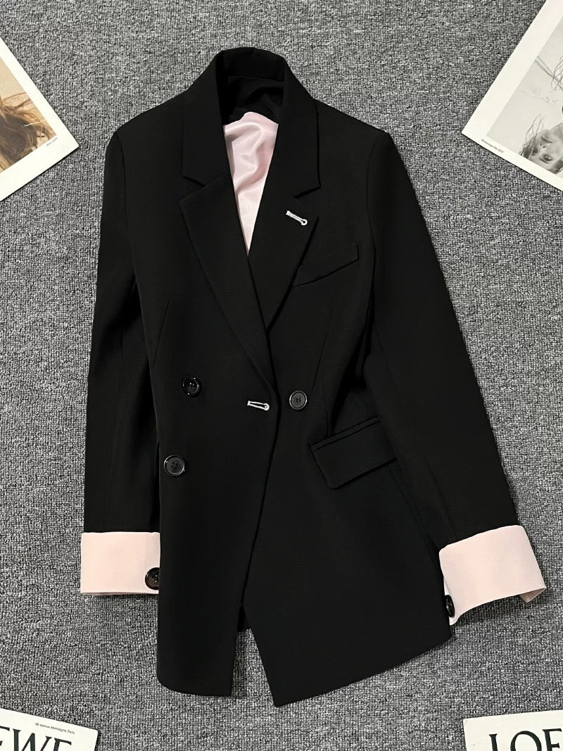 Black splicing suit jacket for women 2025 spring and autumn new design sense internet celebrity street-blasting versatile loose high-end suit
