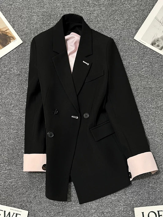 Black splicing suit jacket for women 2025 spring and autumn new design sense internet celebrity street-blasting versatile loose high-end suit