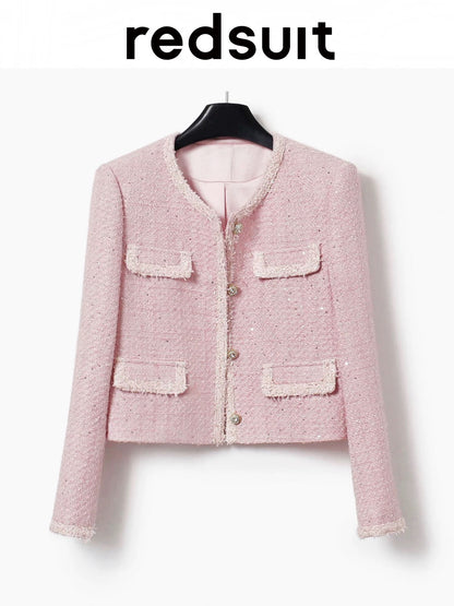 redsuit Korean girlish pink tweed Chanel style jacket fashionable and exquisite temperament slim top