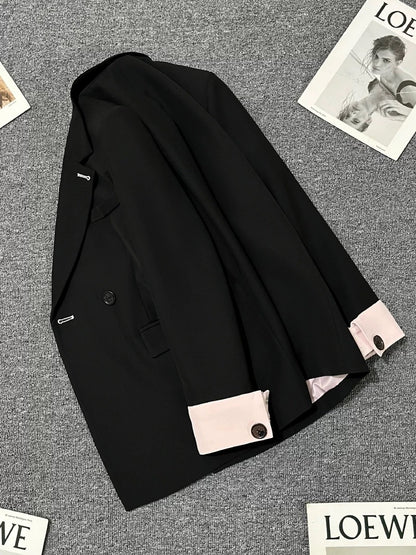 Black splicing suit jacket for women 2025 spring and autumn new design sense internet celebrity street-blasting versatile loose high-end suit