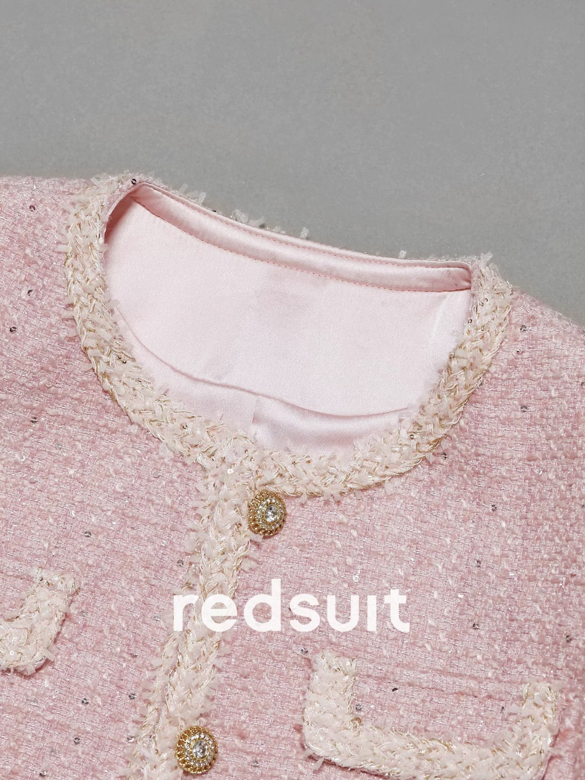 redsuit Korean girlish pink tweed Chanel style jacket fashionable and exquisite temperament slim top