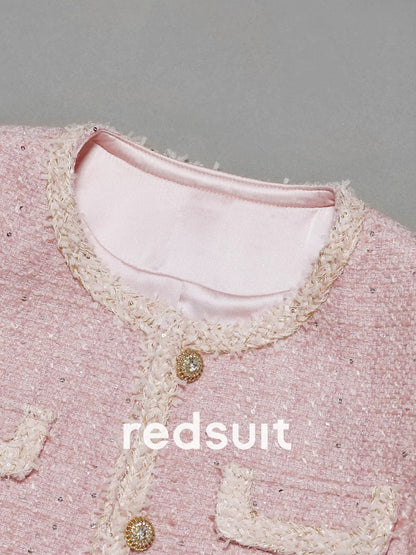 redsuit Korean girlish pink tweed Chanel style jacket fashionable and exquisite temperament slim top