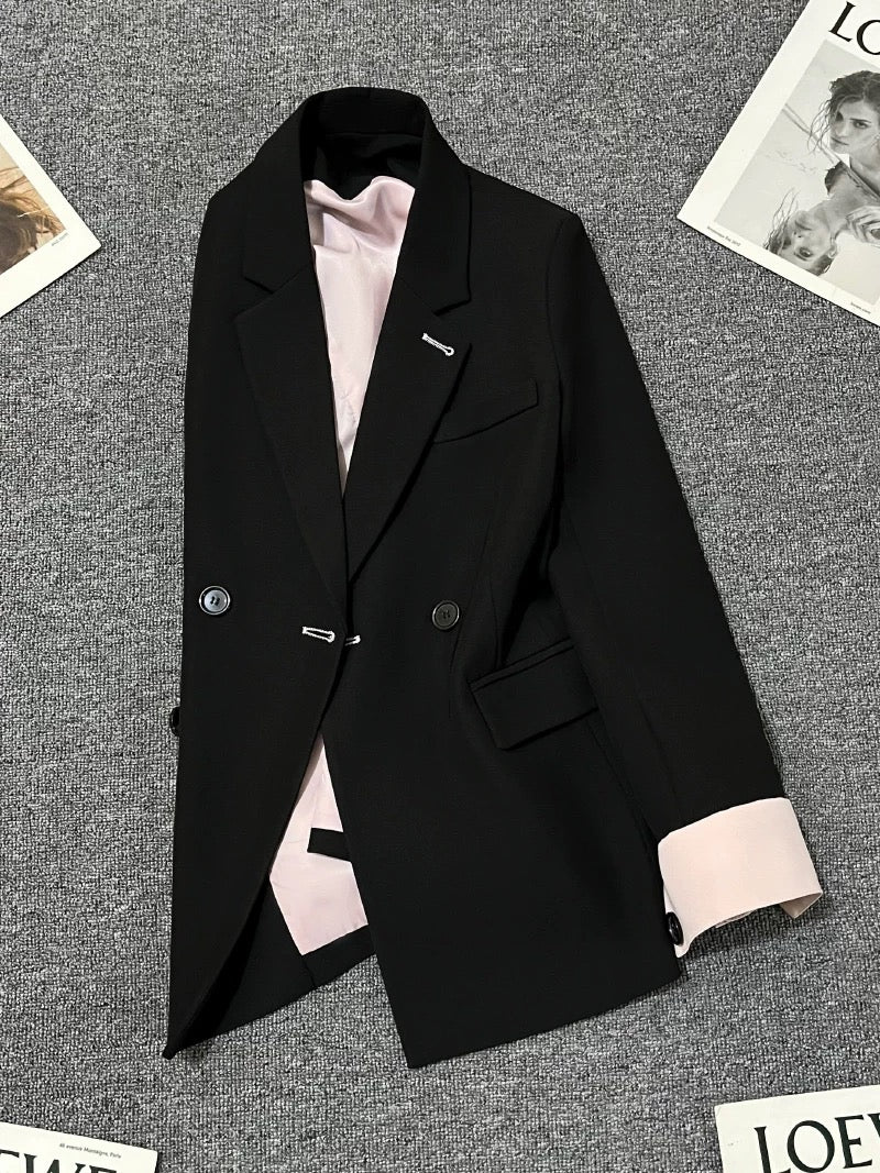 Black splicing suit jacket for women 2025 spring and autumn new design sense internet celebrity street-blasting versatile loose high-end suit