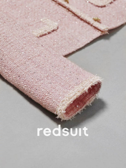 redsuit Korean girlish pink tweed Chanel style jacket fashionable and exquisite temperament slim top