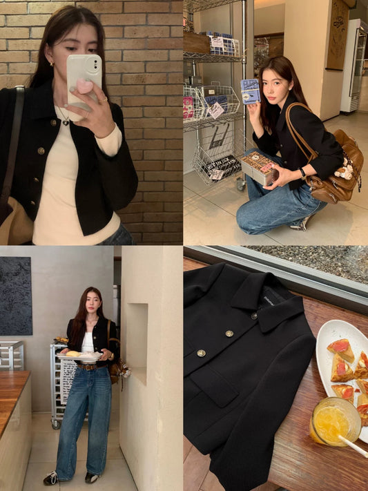 Pusumede Black Short-Style Cardigan for Women, Spring/Autumn 2025, with Lapel Collar, High-End and Elegant Style