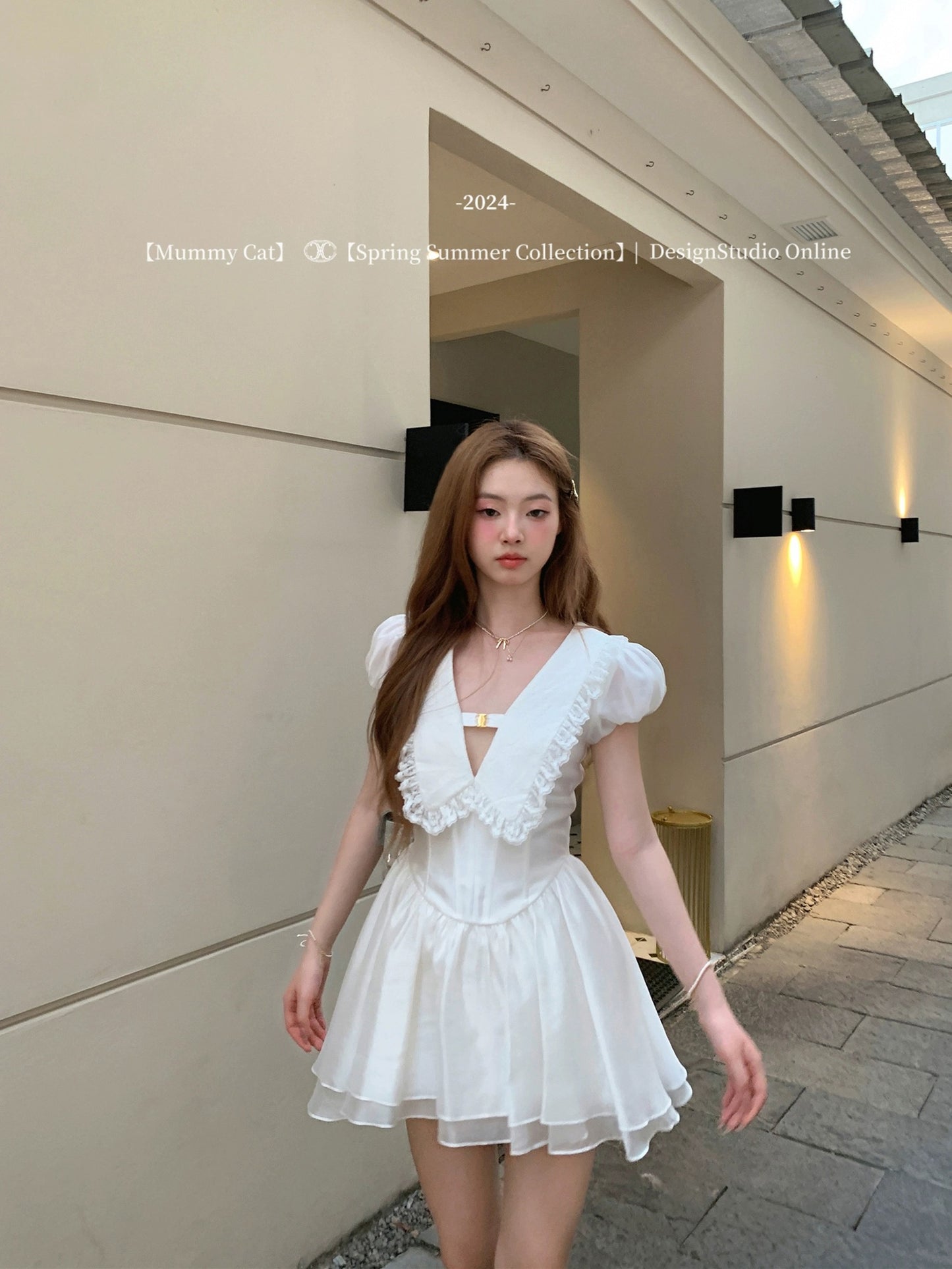 Mummy Cat lays eggs [Suzuki Hanekawa] Exquisite v-neck large lapel puff sleeve short dress