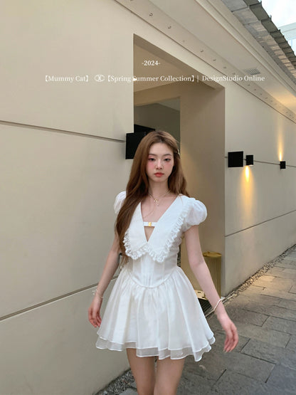 Mummy Cat lays eggs [Suzuki Hanekawa] Exquisite v-neck large lapel puff sleeve short dress