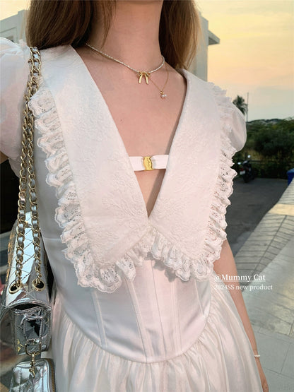 Mummy Cat lays eggs [Suzuki Hanekawa] Exquisite v-neck large lapel puff sleeve short dress