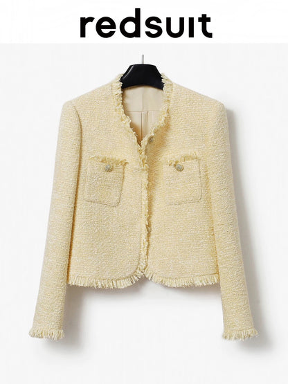 Redsuit Spring and Autumn Korean style daughter temperament yellow tweed Chanel style jacket exquisite versatile top