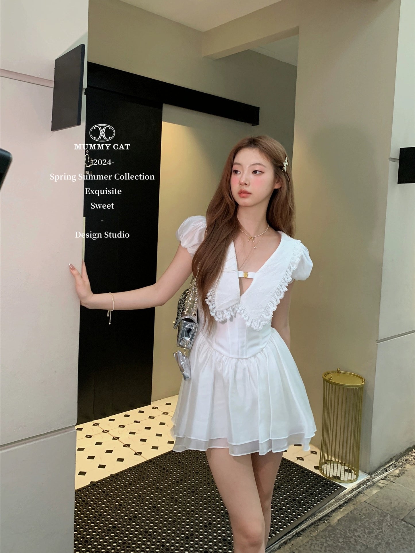 Mummy Cat lays eggs [Suzuki Hanekawa] Exquisite v-neck large lapel puff sleeve short dress