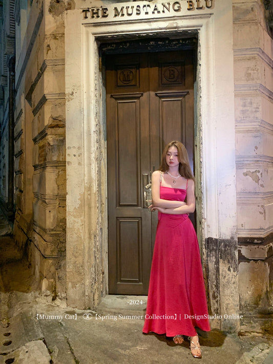 Mummy Cat lays eggs, pink sexy birthday party light dress, floor-length suspender dress, long skirt