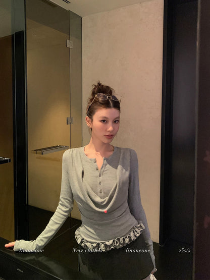 LINONEONE Intellectual Molecular Retro-Style Bow-Neck Color-Blocked Button Faux Two-Piece Slim-Fit Long-Sleeve Knit T-Shirt