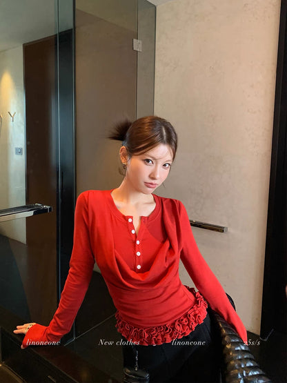 LINONEONE Intellectual Molecular Retro-Style Bow-Neck Color-Blocked Button Faux Two-Piece Slim-Fit Long-Sleeve Knit T-Shirt