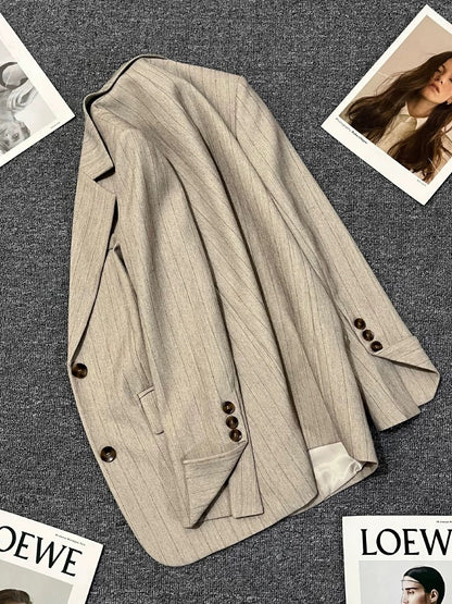 Light Khaki Striped Spring and Autumn Suit Jacket for Women 2025 New Style High-end Korean Style Casual All-match Trendy Suit