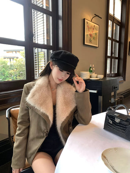 kubiliv [Berlins Diary] lapel environmentally friendly fur waist-cinching lace-up fur one-piece suede jacket for women