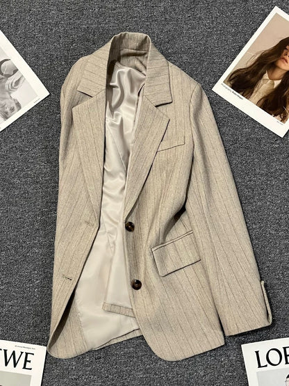 Light Khaki Striped Spring and Autumn Suit Jacket for Women 2025 New Style High-end Korean Style Casual All-match Trendy Suit