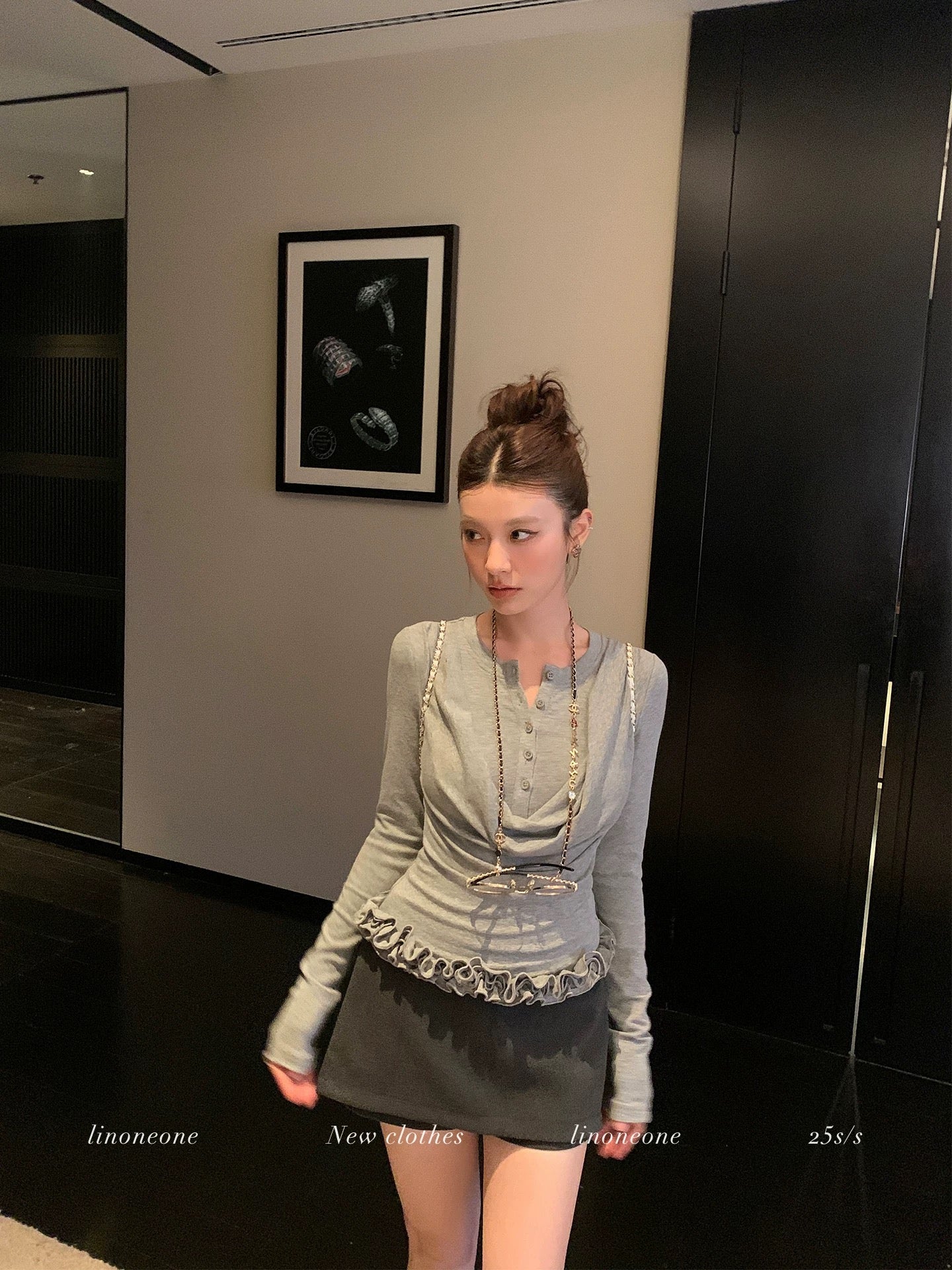 LINONEONE Intellectual Molecular Retro-Style Bow-Neck Color-Blocked Button Faux Two-Piece Slim-Fit Long-Sleeve Knit T-Shirt