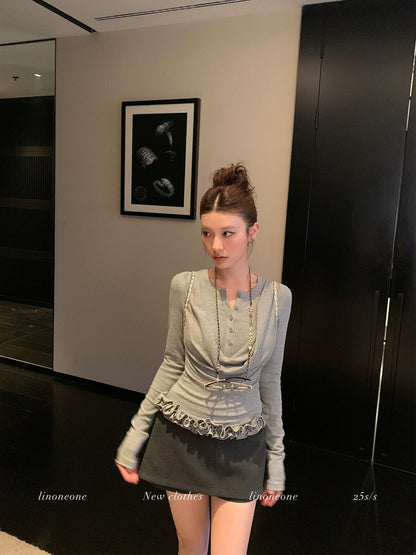 LINONEONE Intellectual Molecular Retro-Style Bow-Neck Color-Blocked Button Faux Two-Piece Slim-Fit Long-Sleeve Knit T-Shirt