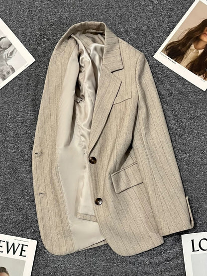 Light Khaki Striped Spring and Autumn Suit Jacket for Women 2025 New Style High-end Korean Style Casual All-match Trendy Suit
