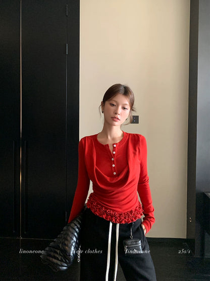 LINONEONE Intellectual Molecular Retro-Style Bow-Neck Color-Blocked Button Faux Two-Piece Slim-Fit Long-Sleeve Knit T-Shirt