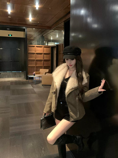 kubiliv [Berlins Diary] lapel environmentally friendly fur waist-cinching lace-up fur one-piece suede jacket for women
