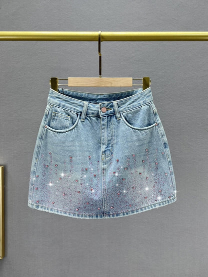Diamond-encrusted denim skirt women's short skirt 2024 new summer high-waist slim slimming ins European goods hip skirt