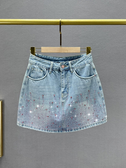 Diamond-encrusted denim skirt women's short skirt 2024 new summer high-waist slim slimming ins European goods hip skirt