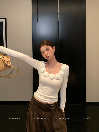 LINONEONE Amber Radiance French Style 3D Floral Slim Fit Round Neck Long Sleeve Knit T-Shirt