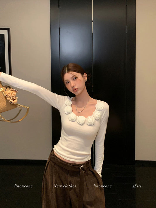 LINONEONE Amber Radiance French Style 3D Floral Slim Fit Round Neck Long Sleeve Knit T-Shirt