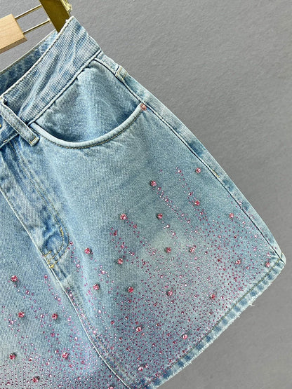 Diamond-encrusted denim skirt women's short skirt 2024 new summer high-waist slim slimming ins European goods hip skirt